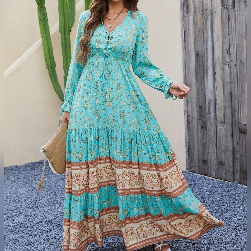 Floral Grommet Eyelets Lace Up Ruffle Hem Dress